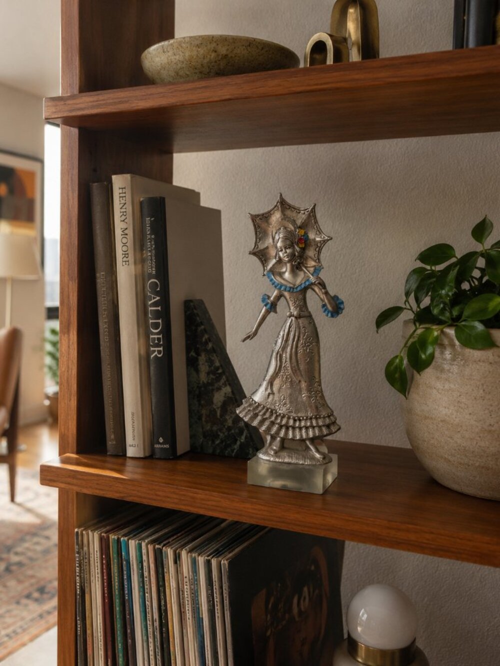 Silver Tone Lady Figurine Umbrella Statue Hollywood Regency Decor Eclectic